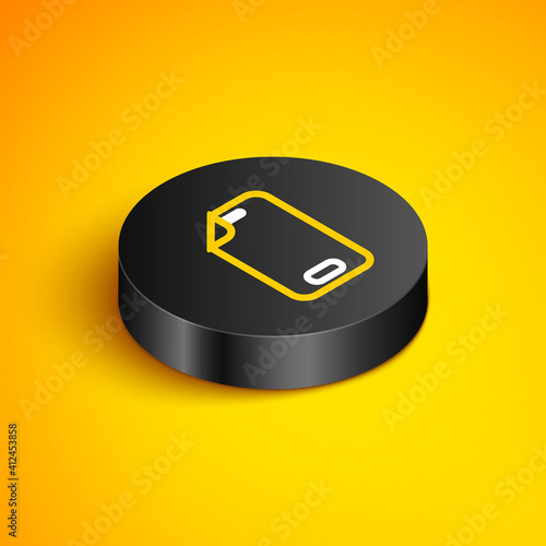 Isometric line Glass screen protector for smartphone icon isolated on yellow background. Protective film for glass. Transparent soft glass for mobile phone. Black circle button. Vector.