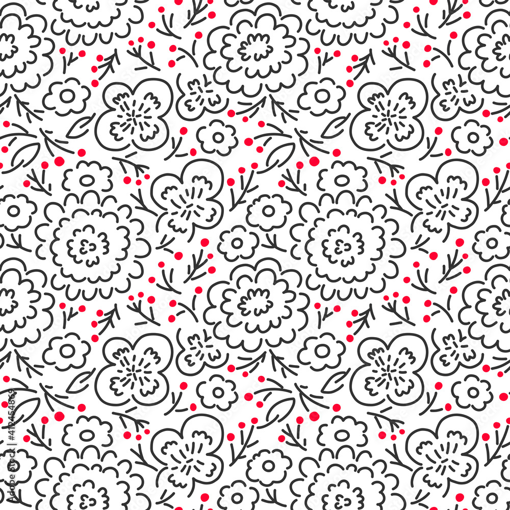 Floral Pattern Of Simple Monochrome Line Drawing Illustration シンプルなモノクロ線画 イラストの花柄 Stock ベクター Adobe Stock