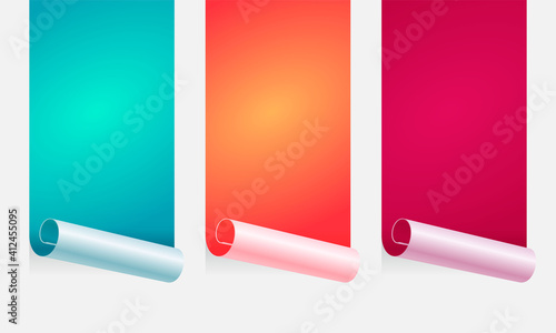 Paperhanging vector illustration. Wallpaper hang on white wall. Unstuck, scroll paper backgrounds. Wallpaper roll backgrounds. Set of different colors peeling materials. Blank decorative elements.
