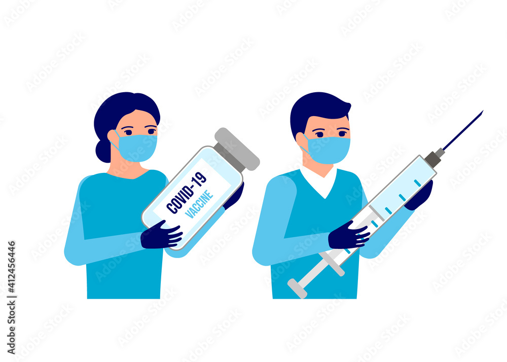 Syringe and bottle with vaccine COVID-19 for coronavirus cure in doctors hands. Concept of corona virus treatment, prevention, immunization, injection, shot and clinical trial during pandemic. Vector Syringe and bottle with vaccine COVID-19 for coronavirus cure in doctors hands. Concept of corona virus treatment, prevention, immunization, injection, shot and clinical trial during pandemic. Vector