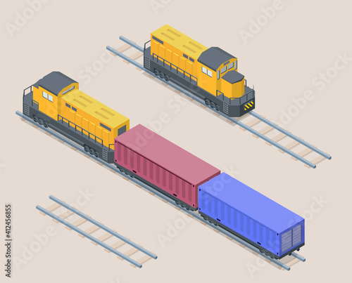 Vector isometric illustration of yellow cargo train with red and blue containers. Railroad elements. Front and back of locomotive.