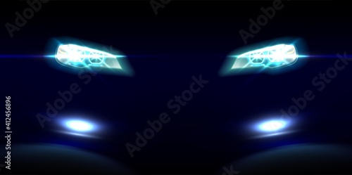 Vector realistic car front lights on dark background.
