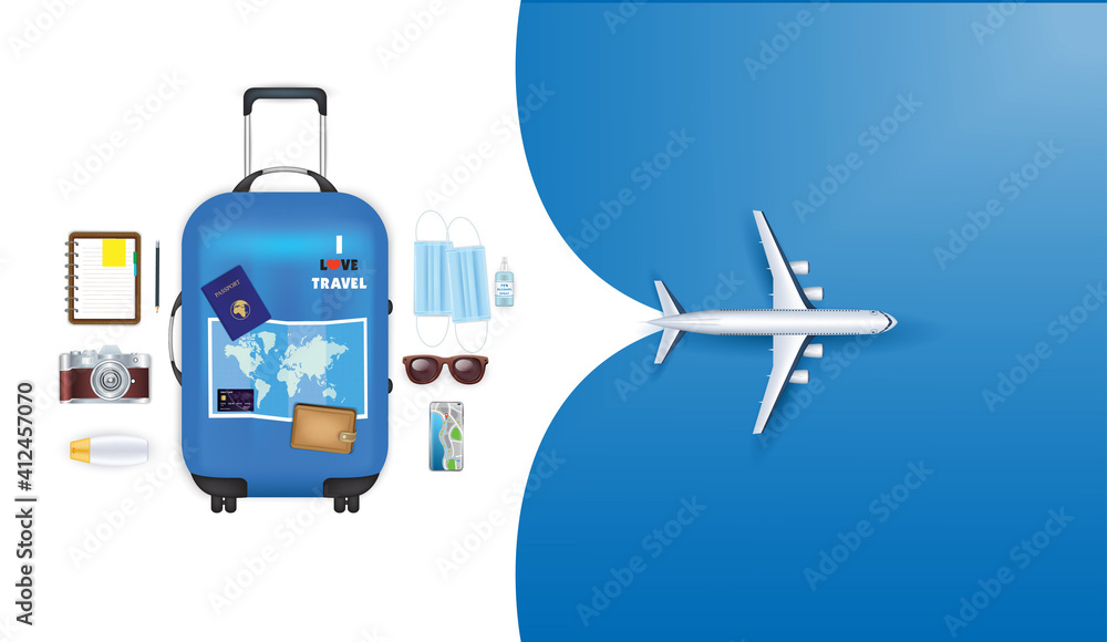 Travel kit New normal lifestyle concept. Masks blue suitcase with sunglasses, map, hat and camera. Protection coronavirus (2019-ncov) Vector EPS10 illustration. Travel kit New normal lifestyle concept. Masks blue suitcase with sunglasses, map, hat and camera. Protection coronavirus (2019-ncov) Vector EPS10 illustration.