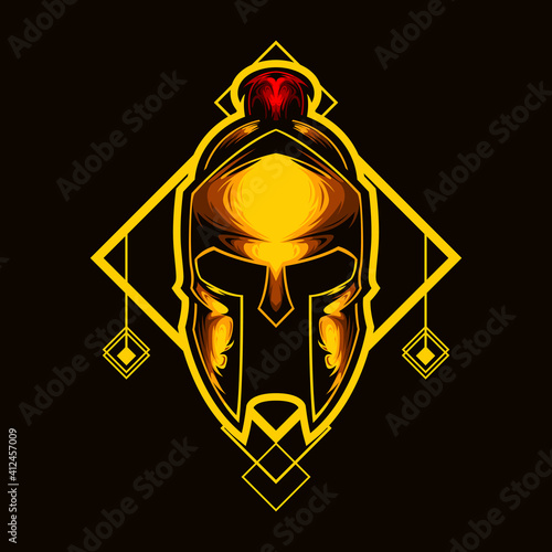 logo esport Head Spartan helmet with yellow ornament. logo vector Head Spartan helmet for gaming. theme yellow color costume character. illustration for clothes, t-shirt, logo esport.