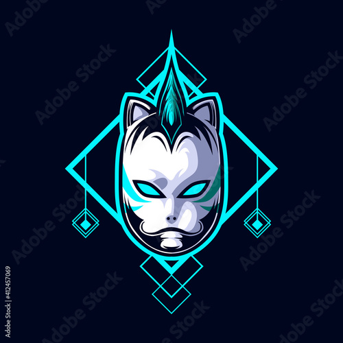 logo esport head white ninja mask with blue light ornament. logo vector head white ninja mask for gaming. theme white color costume character. illustration for clothes, t-shirt, logo esport. photo