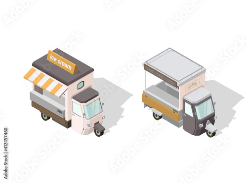 Vector isometric illustrations of ice cream and coffee street food trucks. Tuc tuc.
