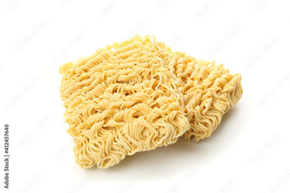 Two pieces instant noodles on white background