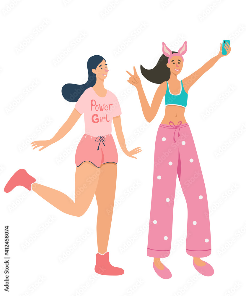Two of cute smiling girls friends in pajamas taking selfie photo.Young women posing for a photo. Female friendship. Flat cartoon characters isolated on white background.