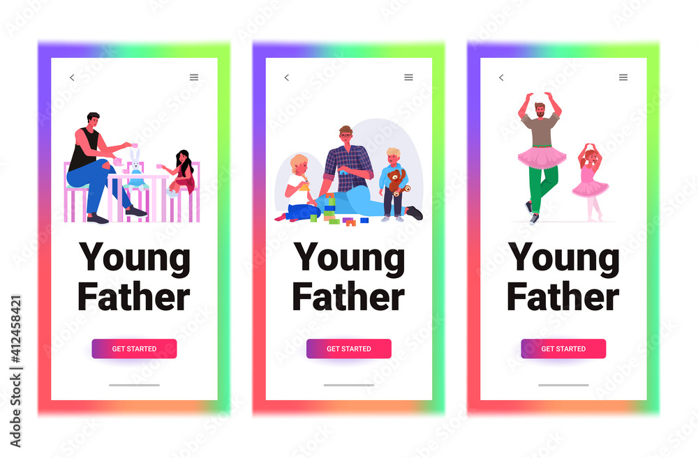 set young father spending time with his children parenting fatherhood concept full length horizontal copy space vector illustration