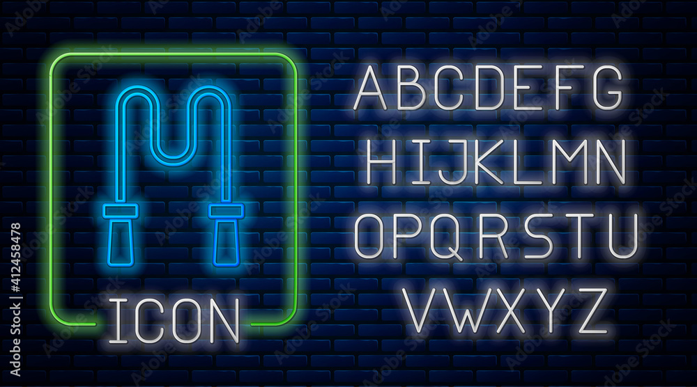 Fototapeta premium Glowing neon Jump rope icon isolated on brick wall background. Skipping rope. Sport equipment. Neon light alphabet. Vector.