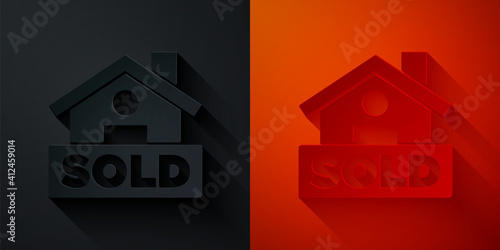 Paper cut Hanging sign with text Sold icon isolated on black and red background. Sold sticker. Sold signboard. Paper art style. Vector.
