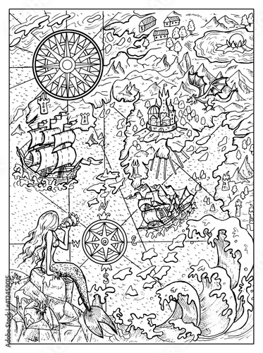Black and white marine illustration of map with mermaid, islans, continent, ship, compass and sea monsters. Vector nautical drawings, adventure concept, coloring book page