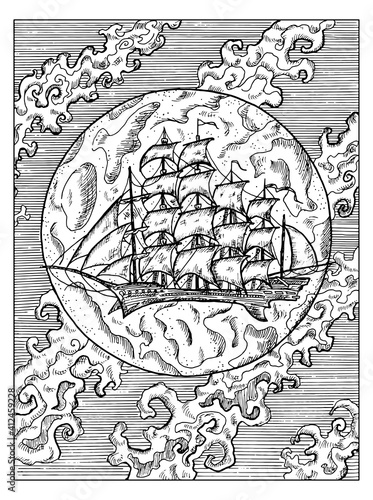 Black and white marine illustration with old sailing ship or sailboat against full moon and clouds. Vector nautical drawings, adventure concept, coloring book page