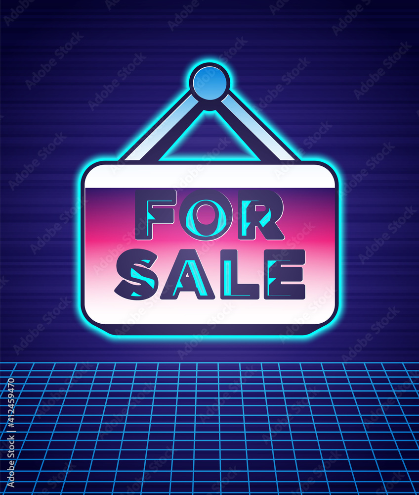 Retro style Hanging sign with text For Sale icon isolated futuristic landscape background. Signboard with text For Sale. 80s fashion party. Vector. Retro style Hanging sign with text For Sale icon isolated futuristic landscape background. Signboard with text For Sale. 80s fashion party. Vector.