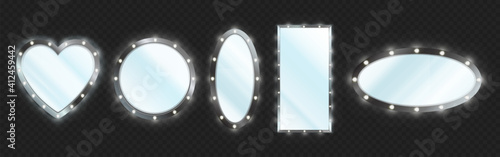 Makeup mirror in black frame with light bulbs isolated on transparent background. Vector realistic different shapes mirrors for theater actors or fashion model dressing room