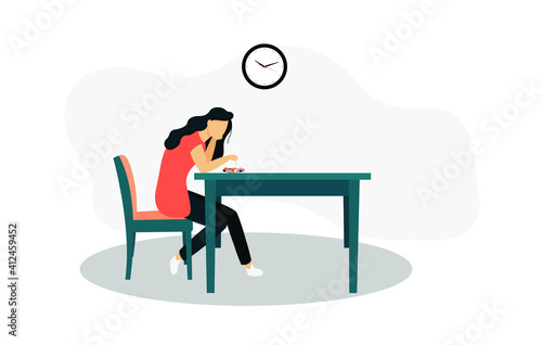 A sad girl sits with her head bowed at the table. Illustration in flat style