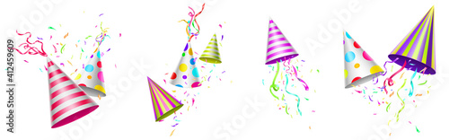 Party hats, birthday caps with colorful ribbons and confetti. Funny headwear for anniversary celebration, festive decoration isolated on white background, Realistic 3d vector illustration, icons set