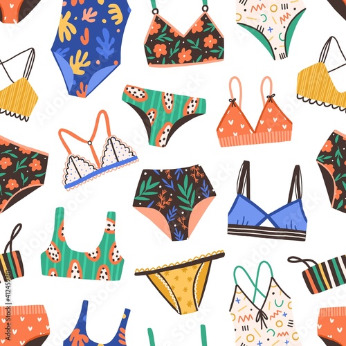Seamless pattern with bikini and swimsuit. Bright colorful summer backdrop with female bras and panties isolated on white background. Repeatable texture with colored swimwear. Flat vector illustration