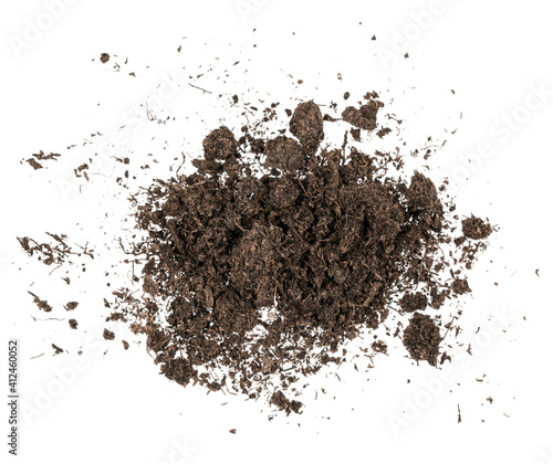 Fertilized organic pile soil isolated on white background. Dirty earth on white background. natural black earth