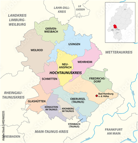 Vector administrative district map Hochtaunuskreis, Hesse, Germany