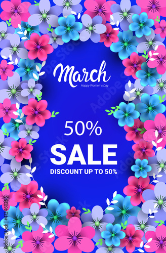 elegant eight number shape womens day 8 march holiday celebration sale banner flyer or greeting card with flowers vertical vector illustration © mast3r