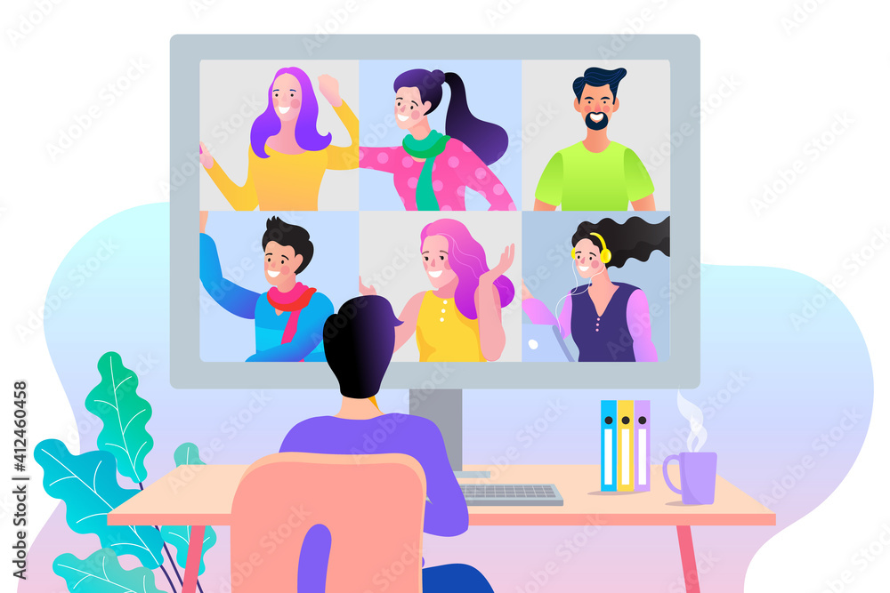 vector employee talk on video call on laptop with diverse colleagues. video conferencing at home man having video call meeting with clients at home. vector employee talk on video call on laptop with diverse colleagues. video conferencing at home man having video call meeting with clients at home.