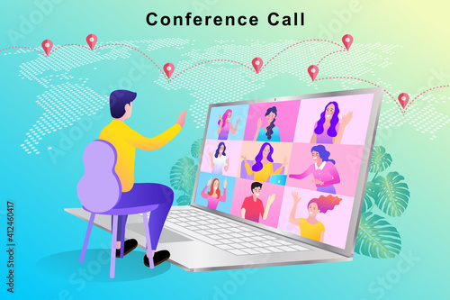 Man leading a global conference call from his computer. A speaker presents to an international team in a virtual video meeting. Vector for online webinar, remote work, and business presentation.