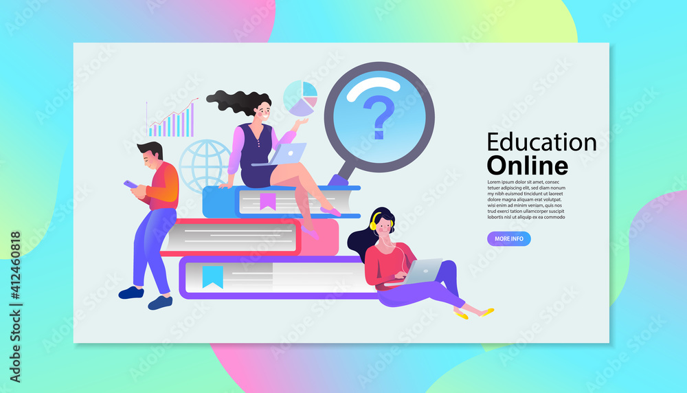 E-learning, online education or home schooling concept. People using mobile phone and computer for courses or tutorials. Flat Vector illustration.