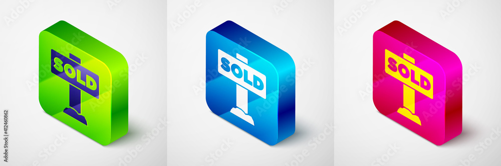 Isometric Hanging sign with text Sold icon isolated on grey background. Sold sticker. Sold signboard. Square button. Vector. Isometric Hanging sign with text Sold icon isolated on grey background. Sold sticker. Sold signboard. Square button. Vector.