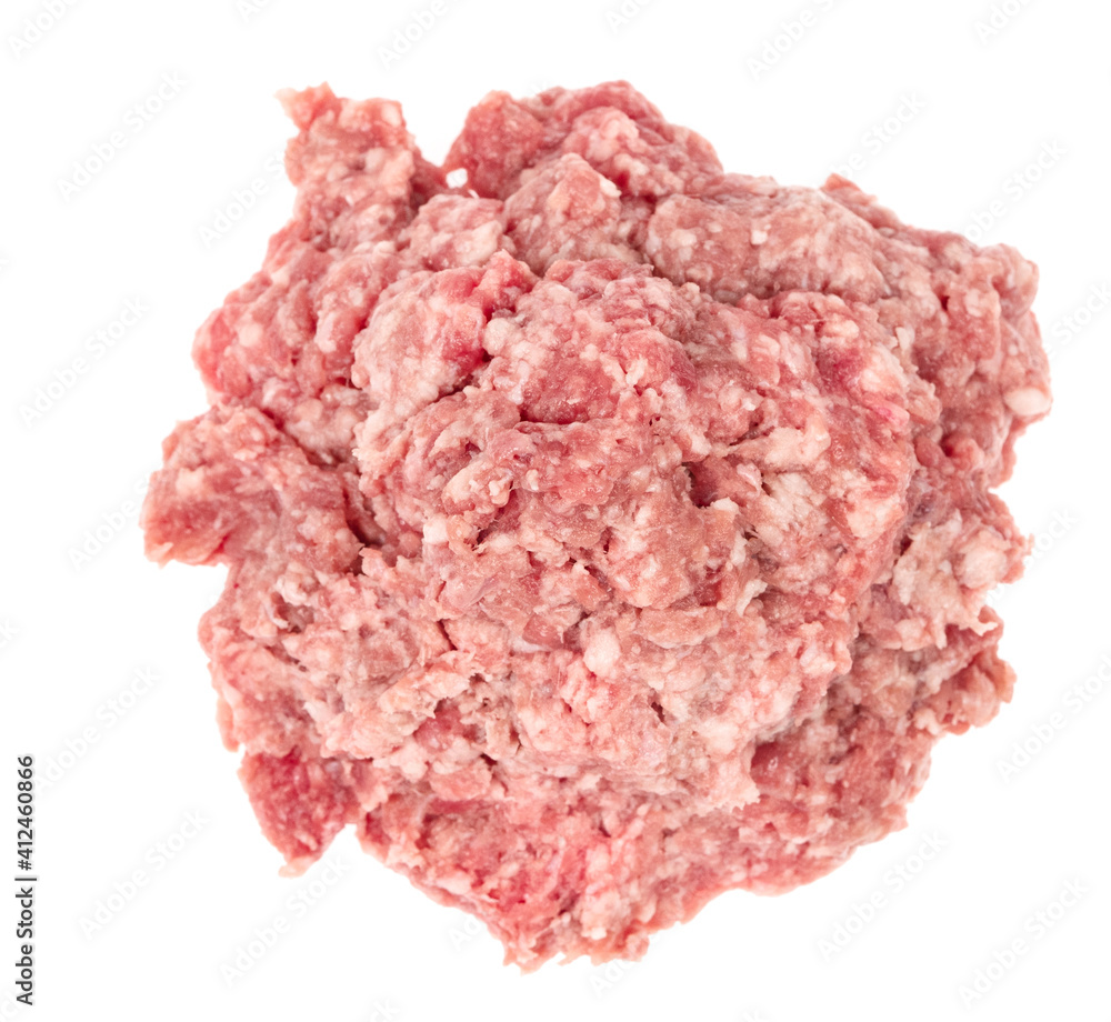 Raw minced meat isolated on white background. Chopped meat background. fresh raw ground pork heap. Top view. Raw minced meat isolated on white background. Chopped meat background. fresh raw ground pork heap. Top view.