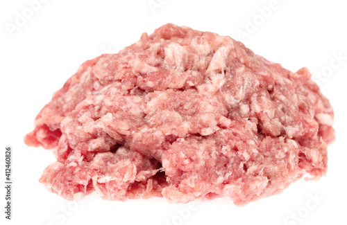 Raw minced meat isolated on white background. Chopped meat background.  fresh raw ground pork heap. Top view.