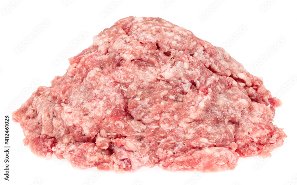 Raw minced meat isolated on white background. Chopped meat background. fresh raw ground pork heap. Top view. Raw minced meat isolated on white background. Chopped meat background. fresh raw ground pork heap. Top view.