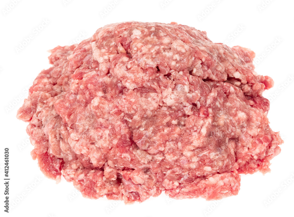 Raw minced meat isolated on white background. Chopped meat background. fresh raw ground pork heap. Top view. Raw minced meat isolated on white background. Chopped meat background. fresh raw ground pork heap. Top view.