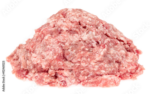 Raw minced meat isolated on white background. Chopped meat background.  fresh raw ground pork heap. Top view.