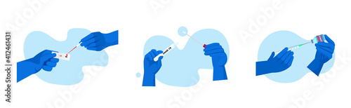 set doctors or scientists hands holding covid-19 nasal swab laboratory test coronavirus pandemic concept horizontal vector illustration