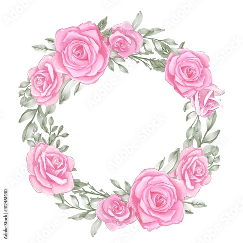 romantic rose pink pastel with green leaf watercolor wreath