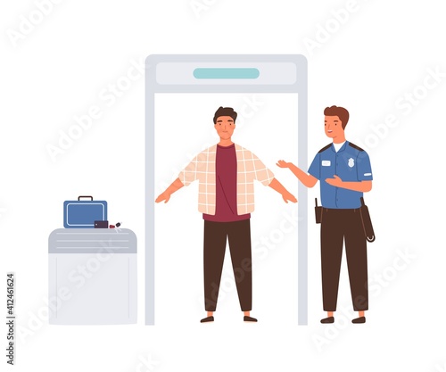 Passenger passing through metal X-ray scanner with his luggage on belt. Officer controlling travelers and baggage at airport security check point. Flat vector illustration isolated on white background