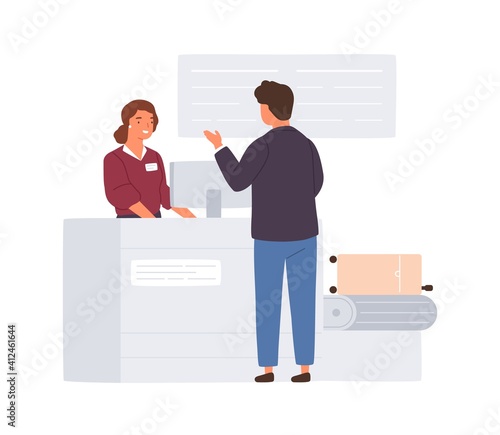 Passenger standing at airport check-in counter with luggage belt. Friendly female airline worker controlling passports and tickets of people. Flat vector illustration isolated on white background