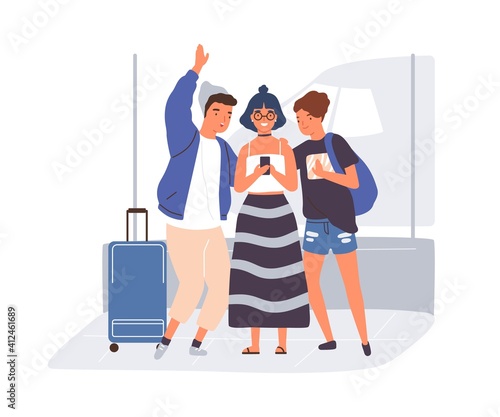 Young modern people taking selfie in airport. Happy friends with baggage talking by video call on smartphone before traveling. Flat vector illustration isolated on white background