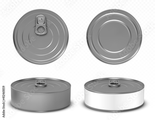 Round metal tin can for pet food, meat or fish isolated on white background. Vector realistic mockup of blank aluminum container with ring pull on lid and white label in front, top and bottom view