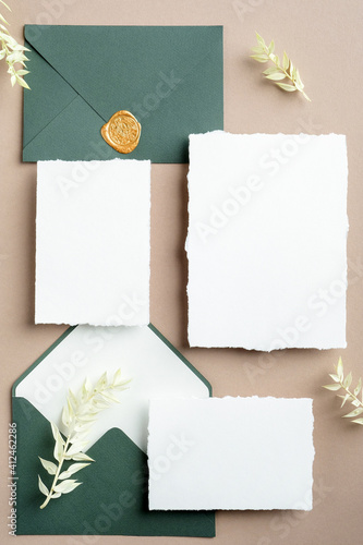 Set of wedding invitation cards and details top view. Vintage style.