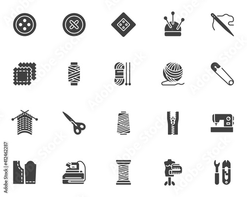 Needlework, sewing vector icons set, modern solid symbol collection, filled style pictogram pack. Signs, logo illustration. Set includes icons as tailor scissors, sewing machine, thread spool, fabric