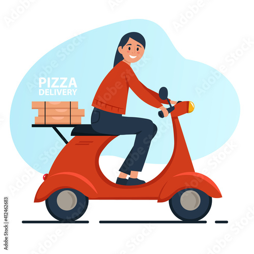 Food delivery service. Pizza courier riding on freight scooter or city motorcycle. Motorbike driver on delivery moped. Vector cartoon illustration.