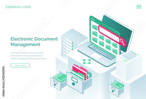 Electronic documents management isometric landing page, paperwork organization concept with laptop, office cabinet with drawers and files. Business administration, data storage, 3d vector web banner
