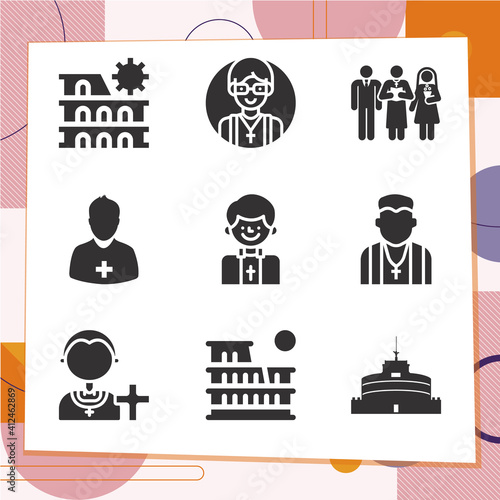 Simple set of 9 icons related to pope