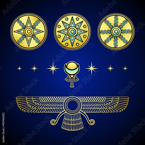 Cartoon drawing: ancient Sumerian symbols.  Marduk, Shamash, Ishtar. Winged deity. Vector illustration isolated on a dark background.