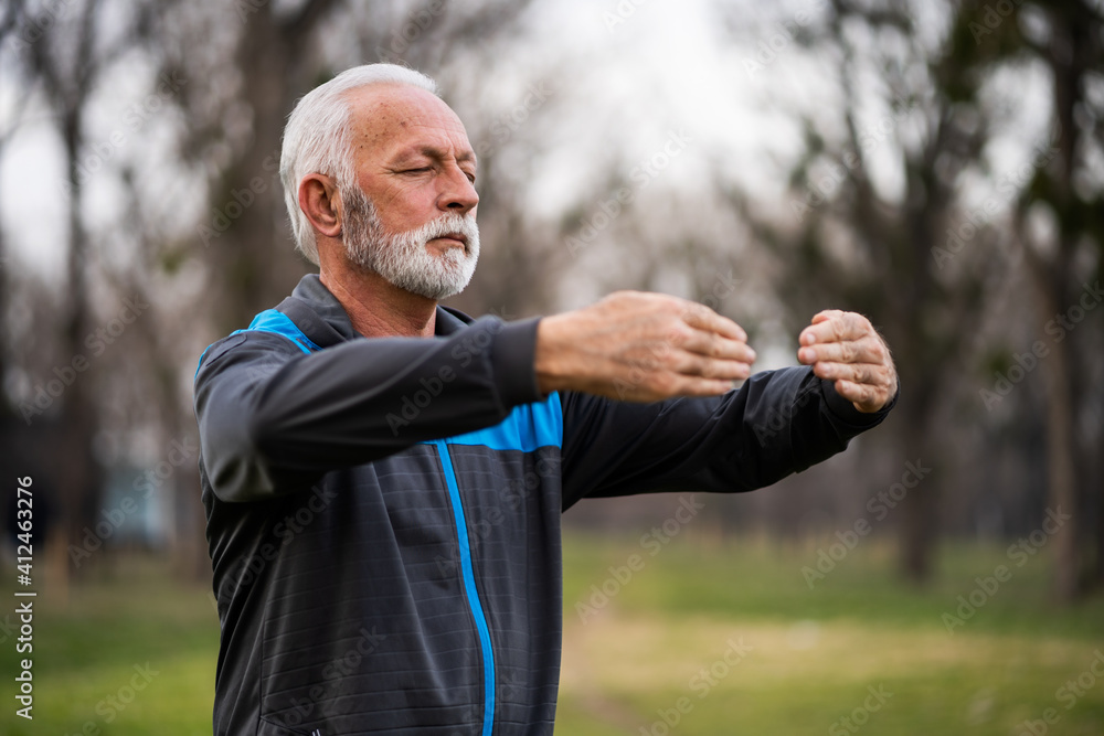 Senior man is practicing Tai Chi exercise in park. Senior man is practicing Tai Chi exercise in park.