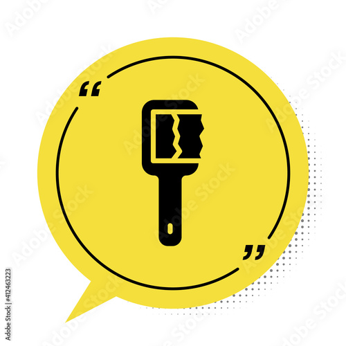 Black Sauna brush icon isolated on white background. Wooden brush with coarse bristles for washing in the bath. Anti cellulite massage. Yellow speech bubble symbol. Vector.