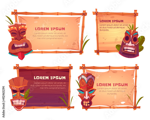 Bamboo frames with tiki masks. Vector cartoon set of beach sign boards with bamboo sticks, old canvas or paper, tropical leaves and wooden hawaiian tribal totems