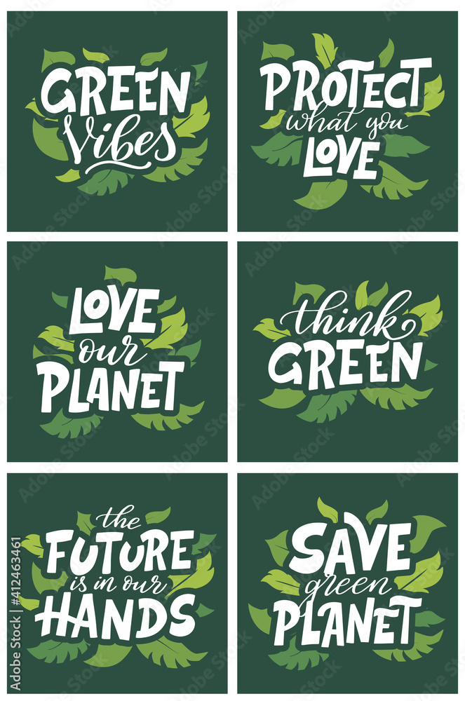 Fototapeta Set of Vector lettering posters or cards. Motivational phrase for choosing eco friendly lifestyle. Illustration with leaves and text slogan